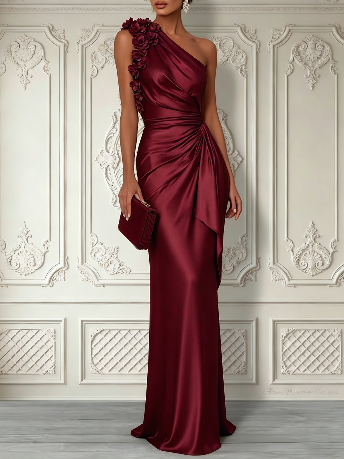 One-Shoulder Draped Satin Gown