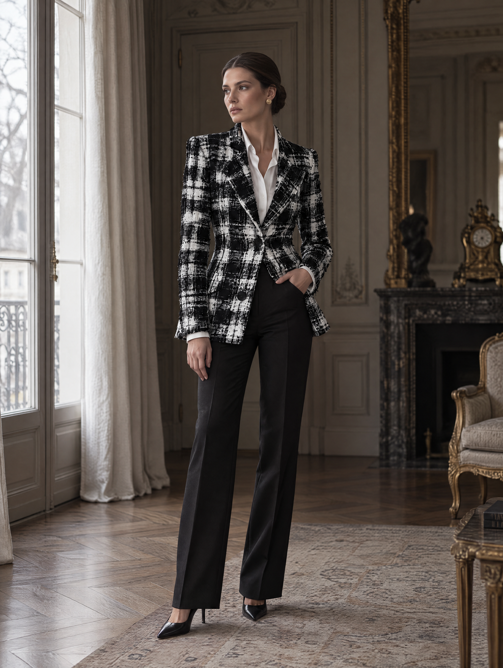 Women's Tweed Plaid Blazer Long Sleeve Tailored Jacket