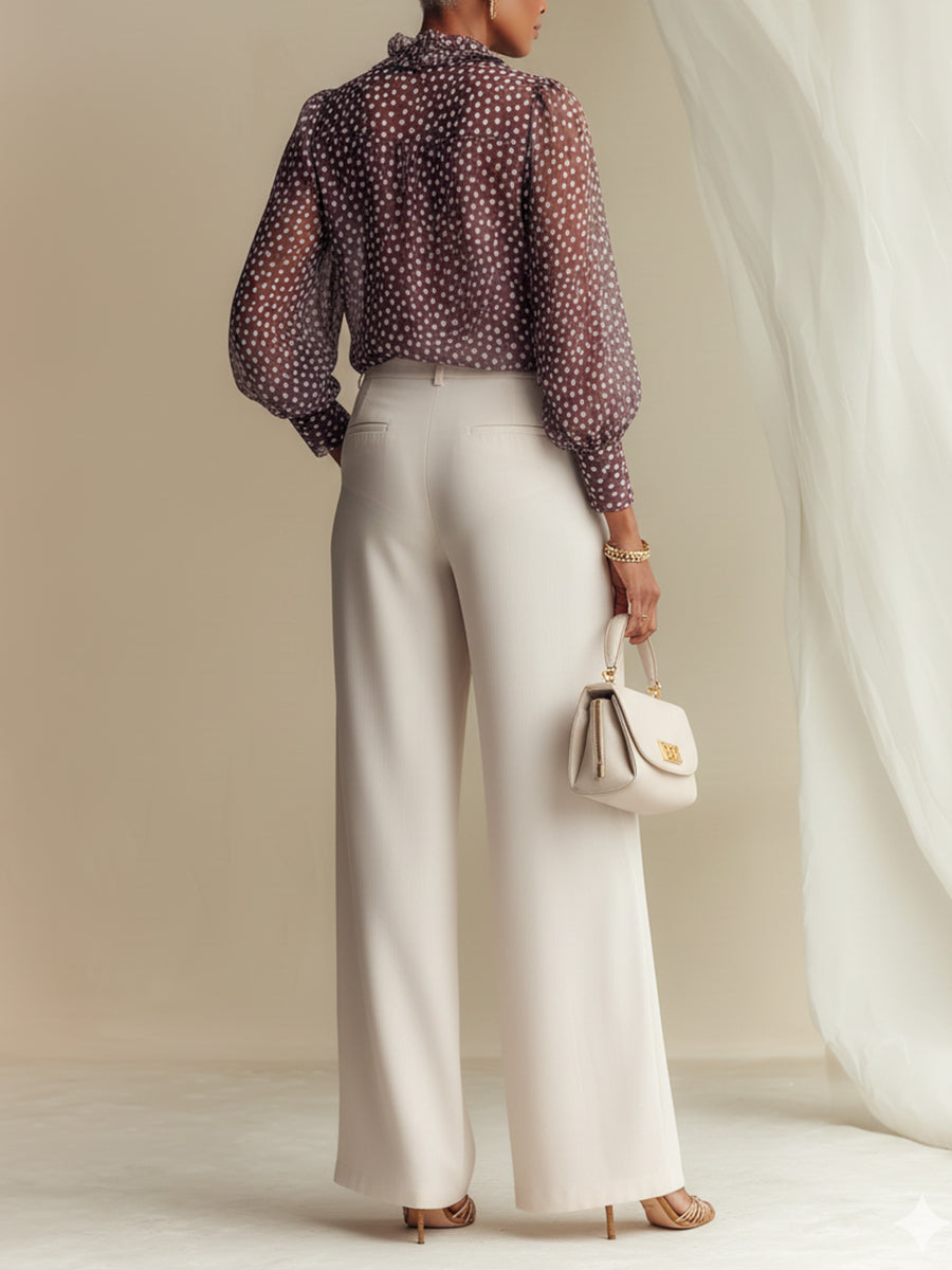 Polka-Dot Chiffon Blouse With Center-Front Knot & Pants Set