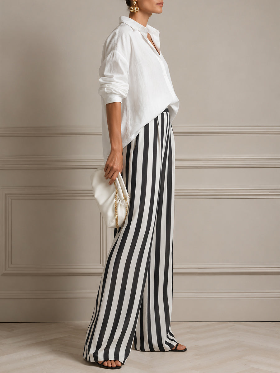 Effortlessly Chic Cotton-linen Blouse & Striped Wide-leg Pante Set