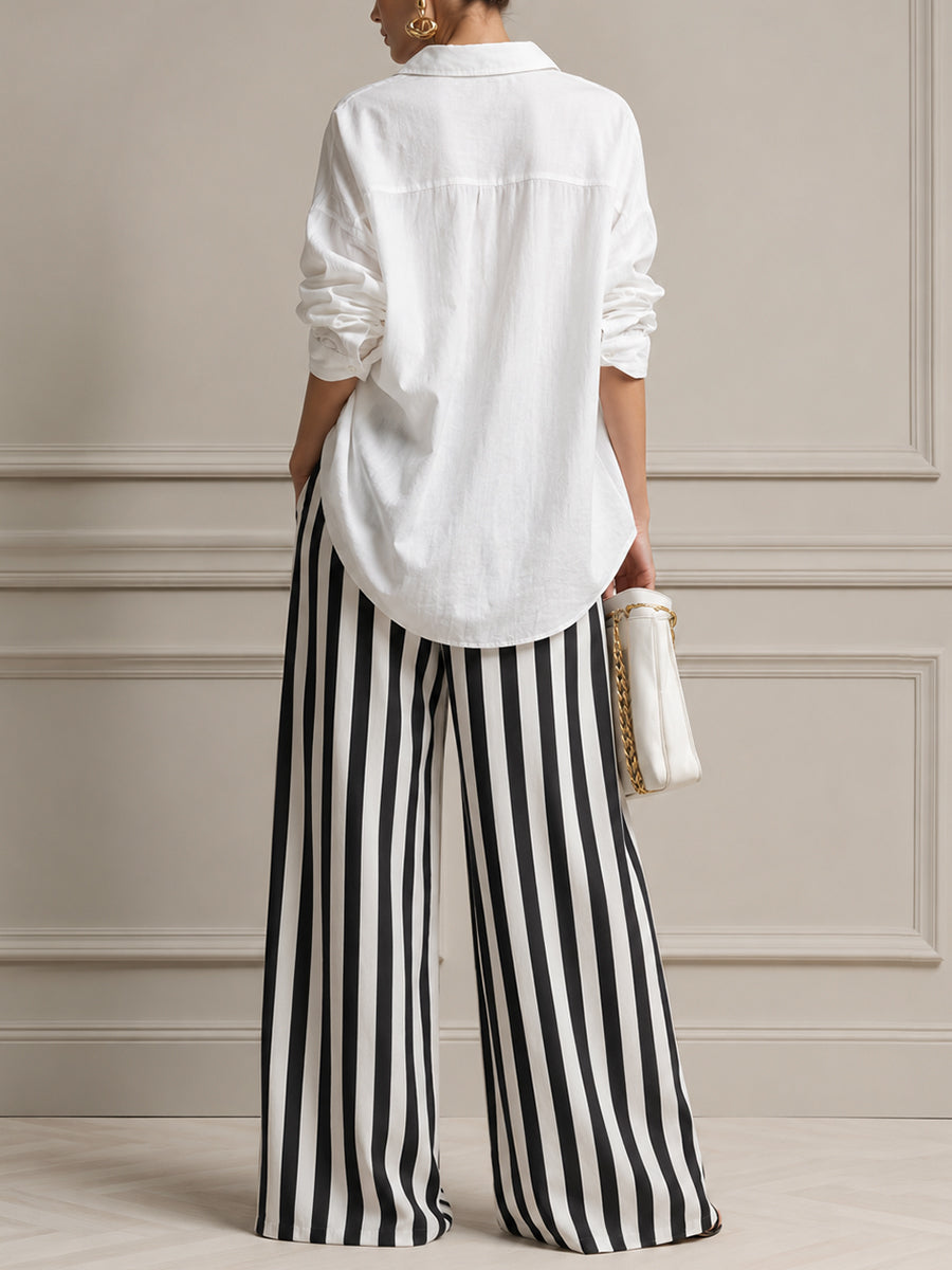 Effortlessly Chic Cotton-linen Blouse & Striped Wide-leg Pante Set