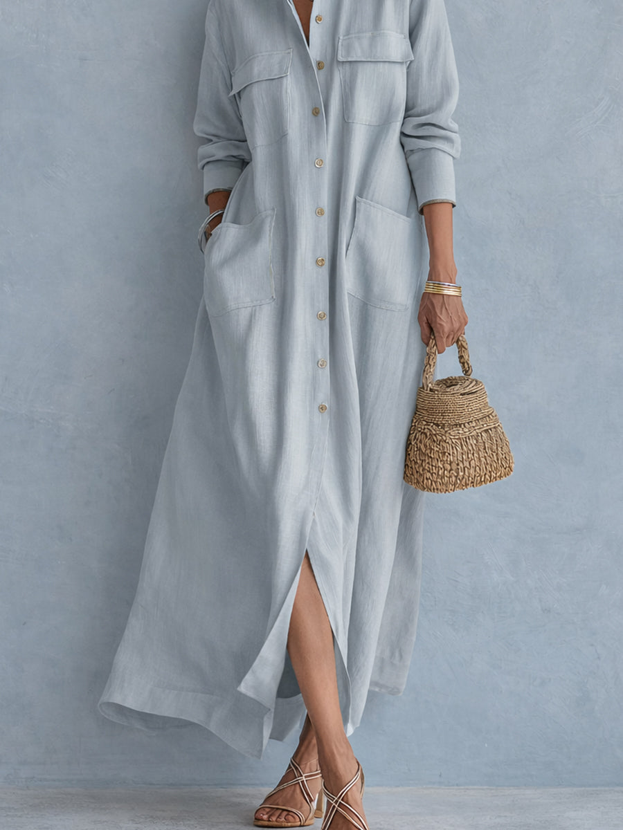 Chic Cotton-Linen Maxi Dress With Patch Pockets