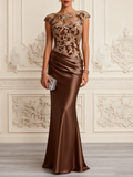 Chocolate Brown Lace Bodice Satin Gown