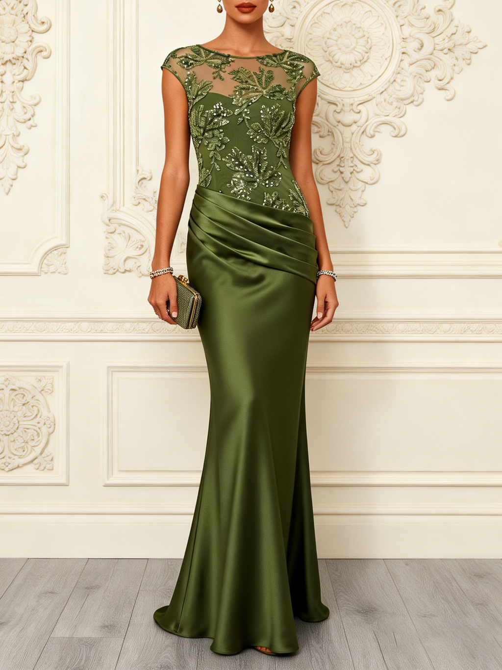 Olive Embellished Ruched Satin Gown