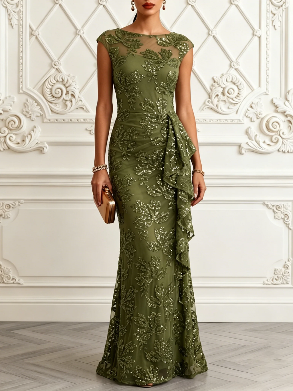 Olive Floral Sequin Ruffle Gown