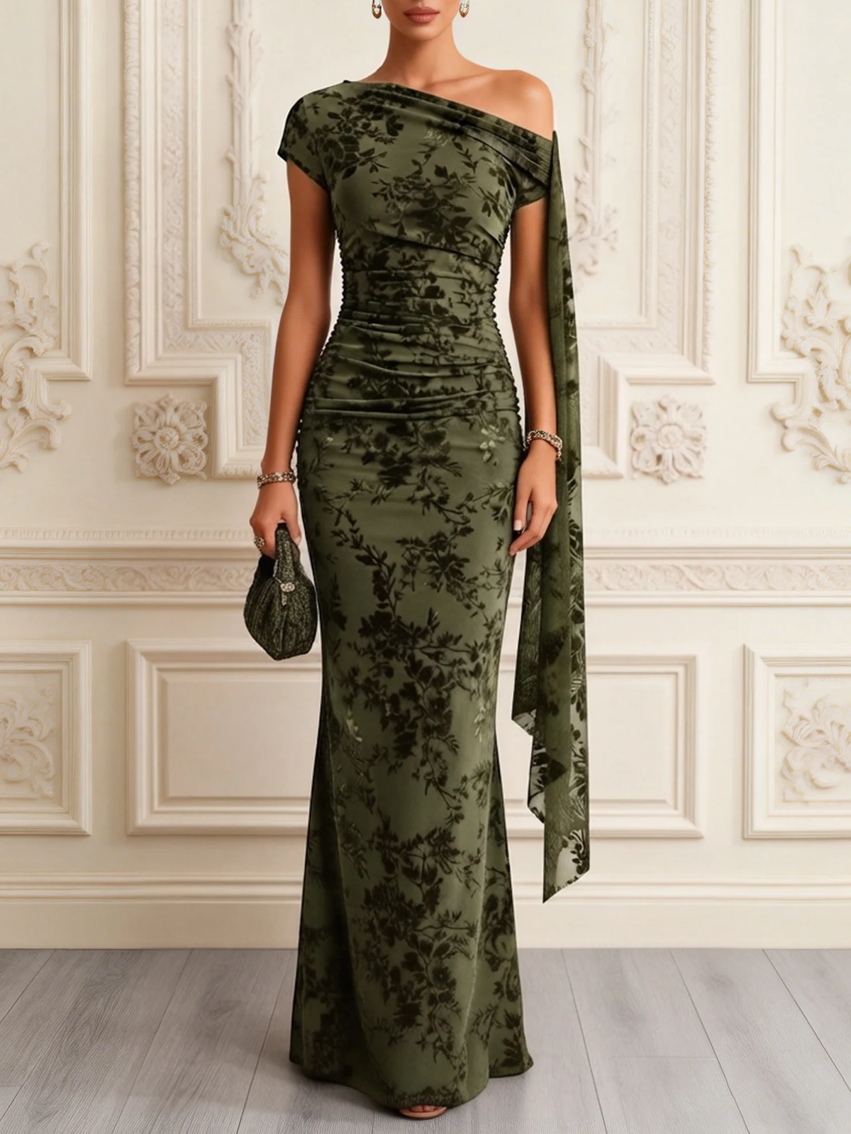 Olive Floral Velvet Off-Shoulder Gown