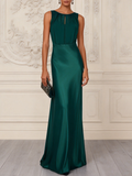 Deep Teal Pleated Neckline Satin Gown