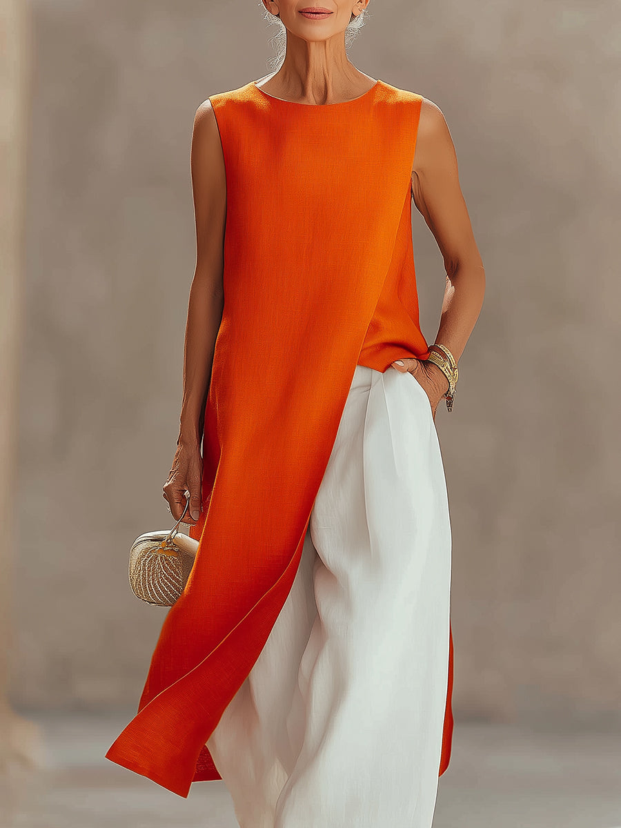 Elegant Front Slit Sleeveless Blouse & Nine-point Wide-leg Pants Set
