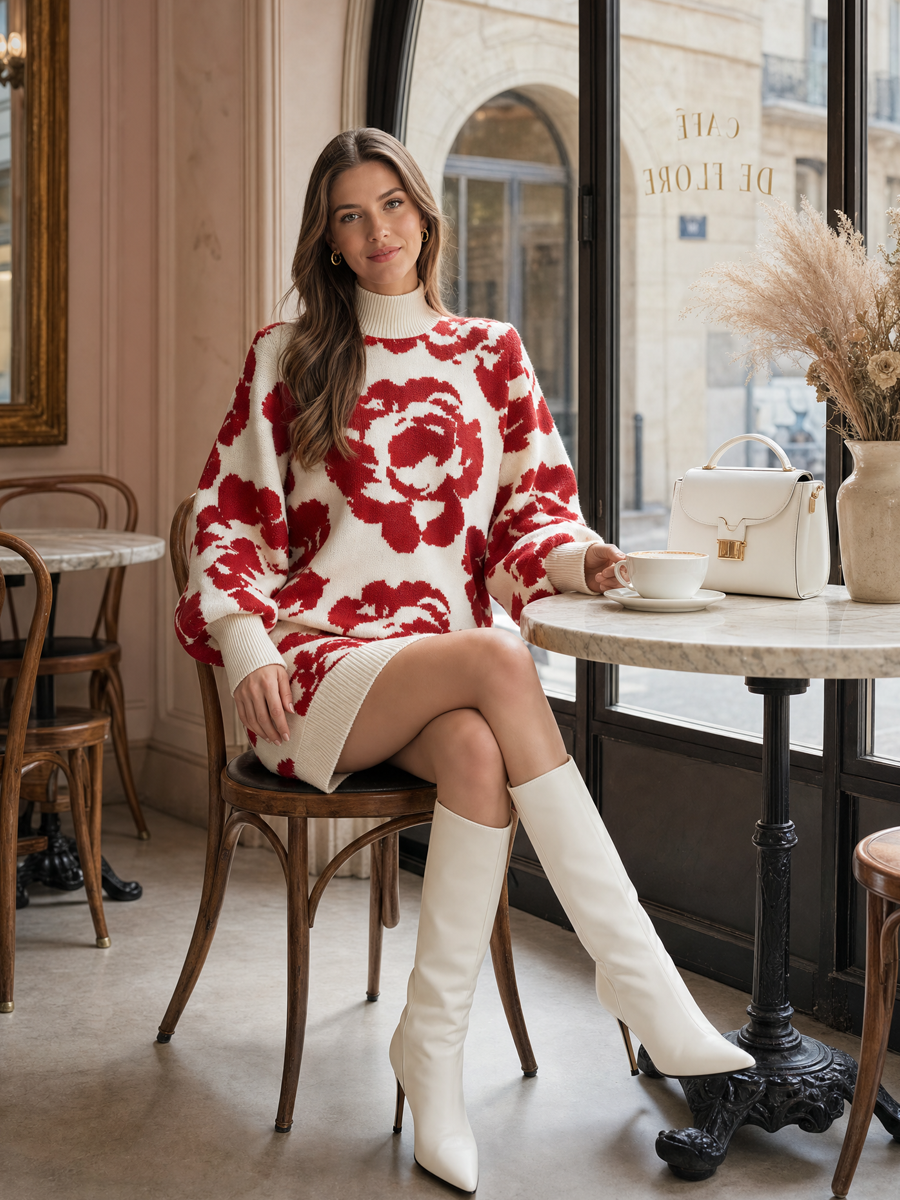 Red Rose Turtleneck Balloon Sleeves Knit Sweater Dress