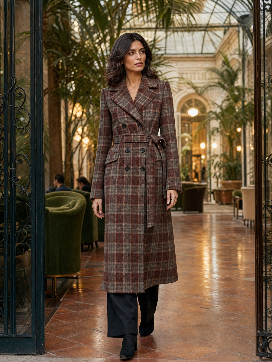 Plaid Double-Breasted Belted Long Wool Coat