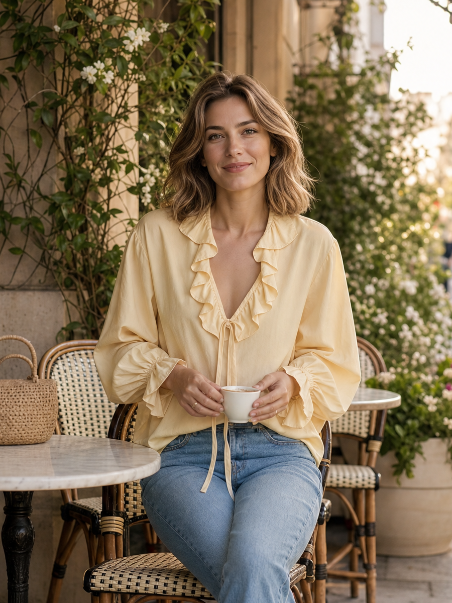 Ruffle Tie-Neck Flared Cuffs Blouse