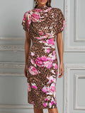 Exotic Bloom Cowl-Neck Sheath Midi Dress
