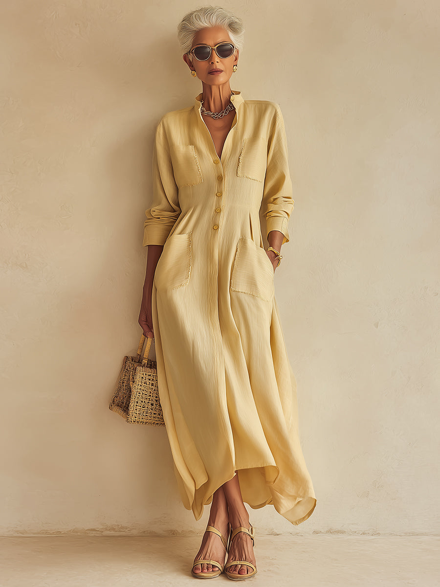 Stand-Collar Cotton-Linen Maxi Dress With Patch Pockets