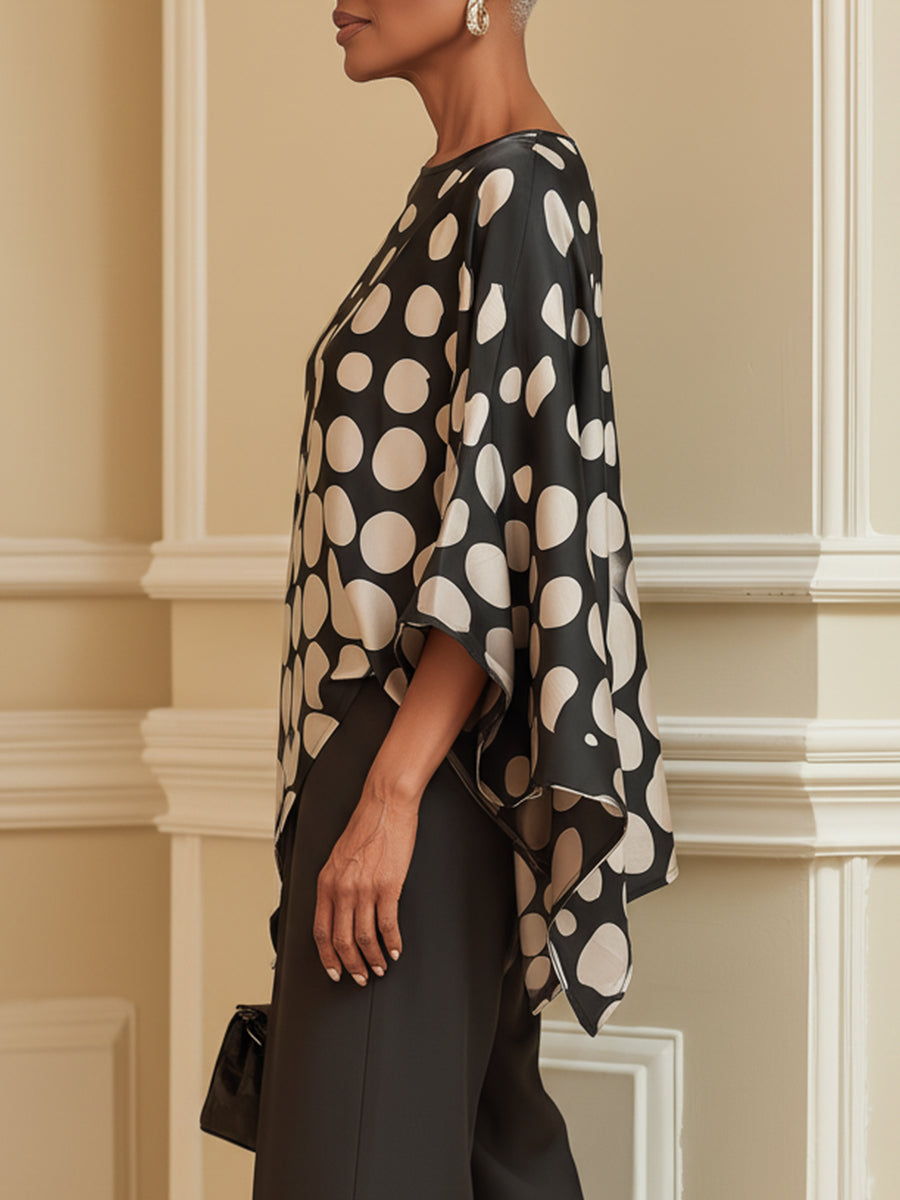 Batwing-Sleeve Polka-Dot Blouse With Asymmetrical Hem