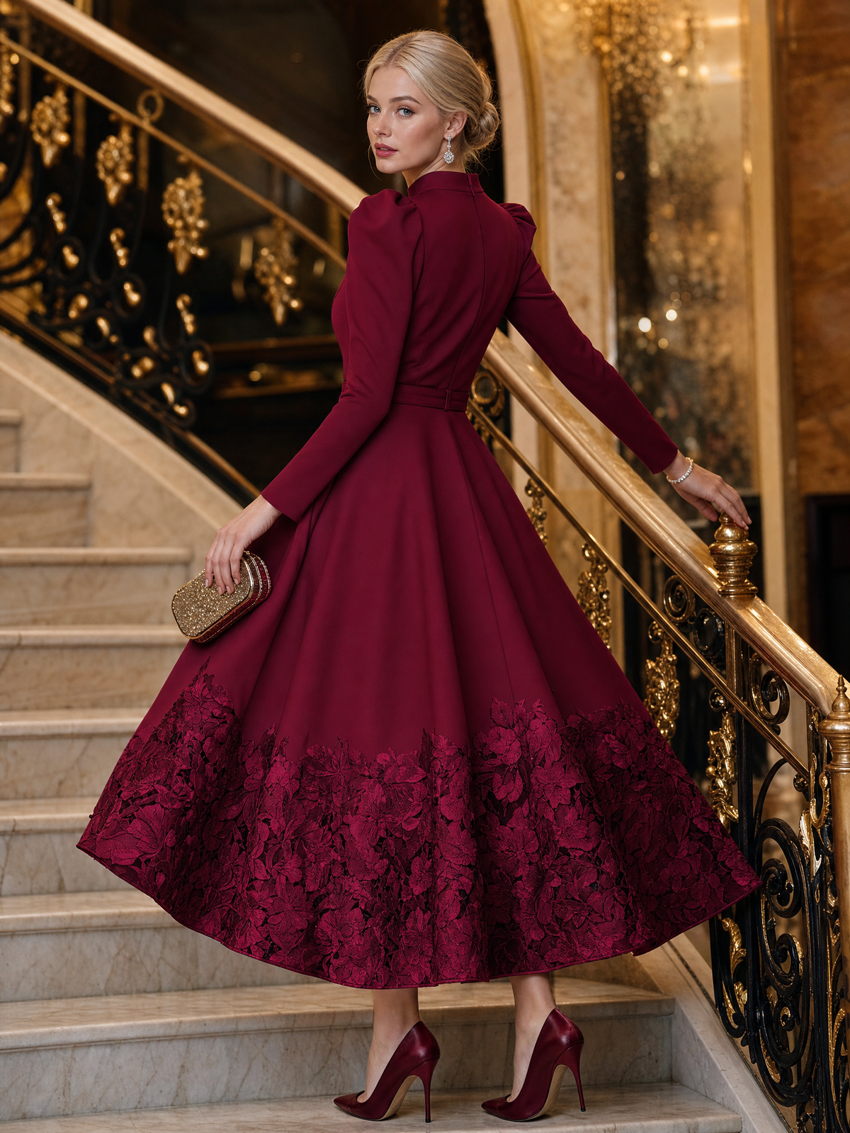 Elegant Stand Collar Puff Sleeve Belted A-Line Maxi Dress with Floral Lace Hem