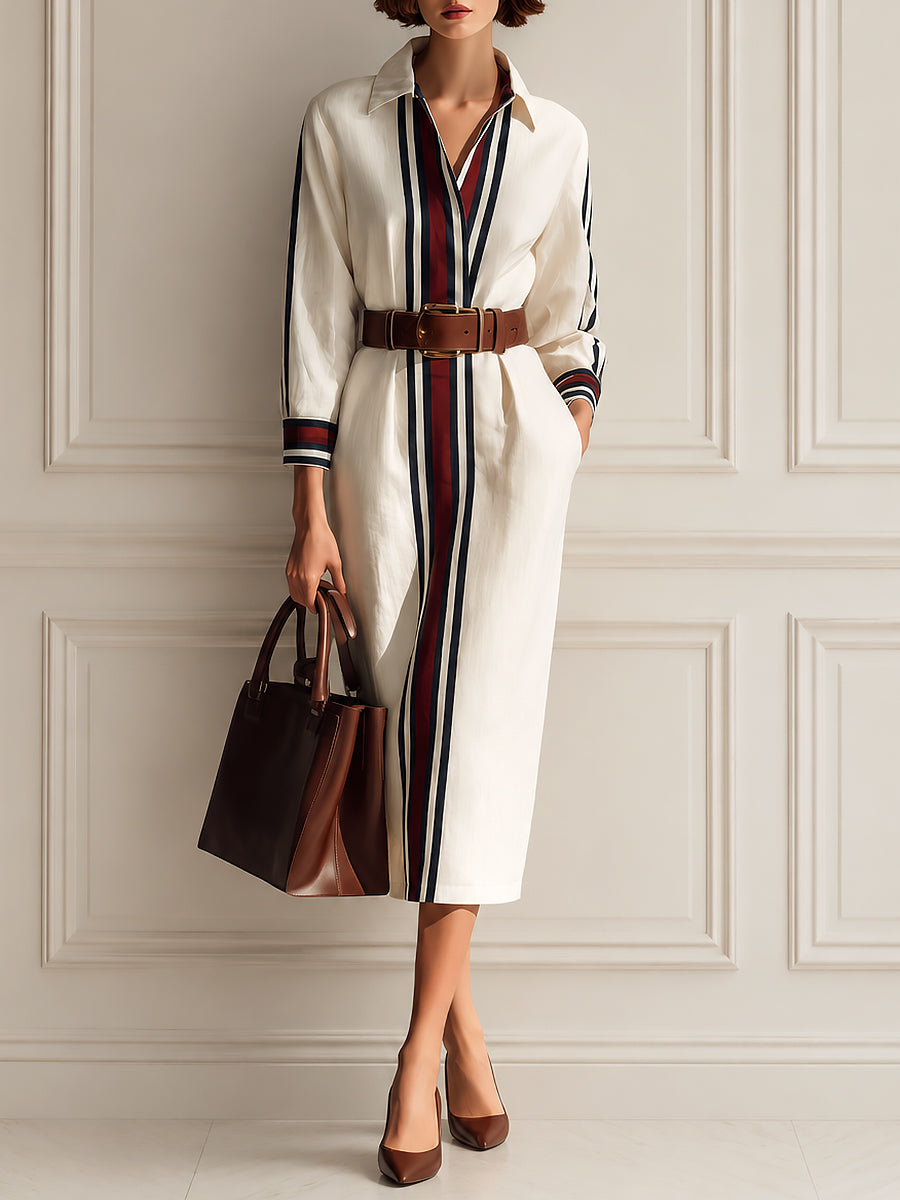 Chic Color-block Striped Cotton-linen Straight-cut Midi Dress