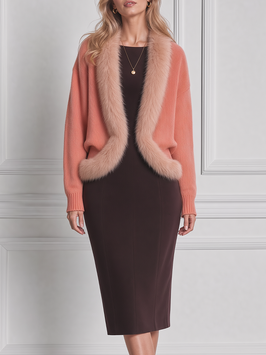 Peach Stockholm Style Faux Fur Trim Cardigan & Chocolate Pencil Midi Dress Set