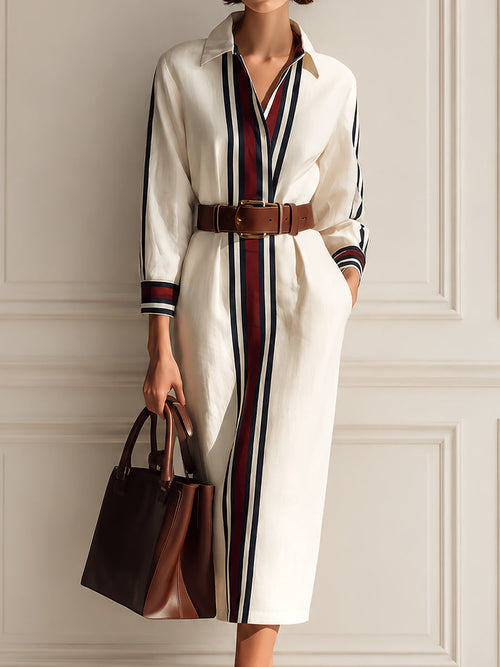 Chic Color-block Striped Cotton-linen Straight-cut Midi Dress