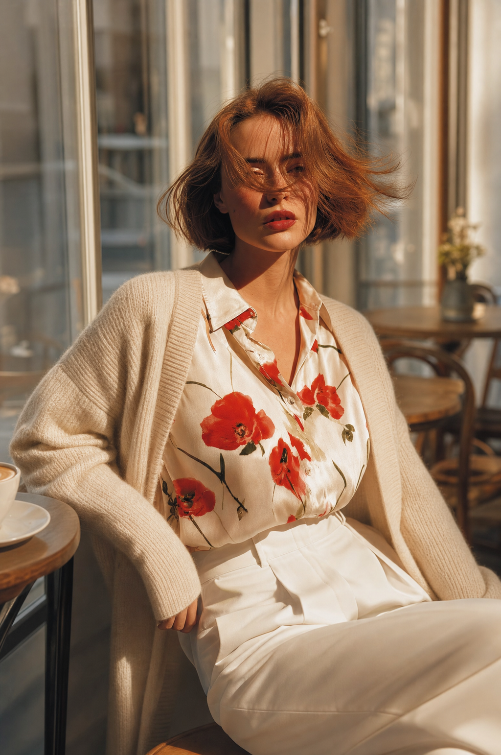 Women's Poppy Floral Print Long Sleeve Button-Up Blouse