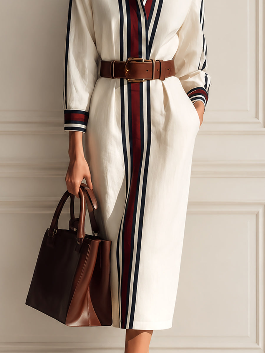 Chic Color-block Striped Cotton-linen Straight-cut Midi Dress