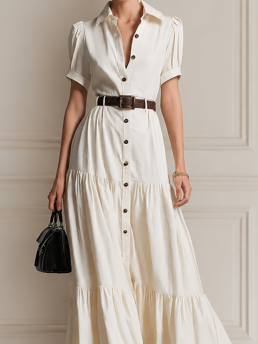 French-style Puff Sleeves Striped Maxi Dress With Ruffled Hem