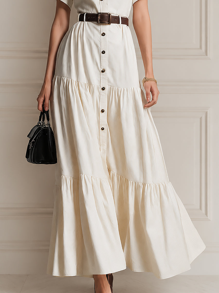 French-style Puff Sleeves Striped Maxi Dress With Ruffled Hem