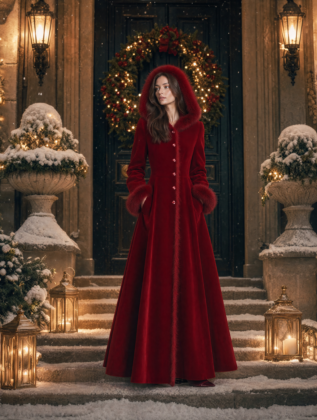 Red Velvet Faux Fur Hood Crystal Button A-Line Maxi Coat
