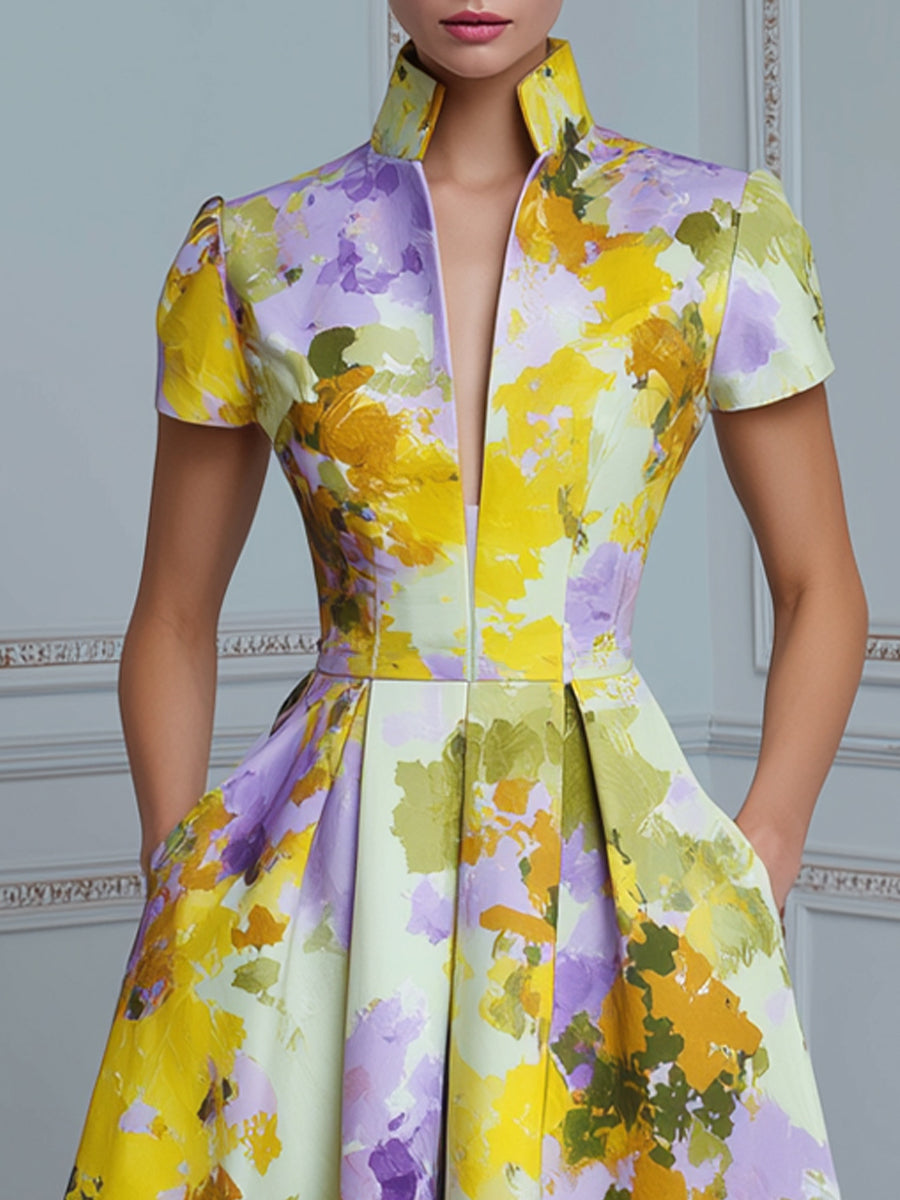 High Neck Structured Floral A-Line Midi Dress