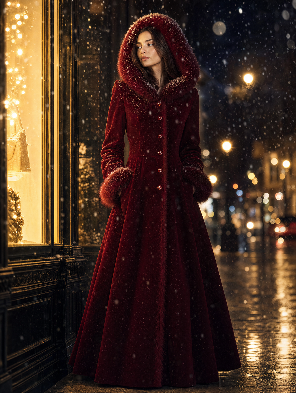 Red Velvet Faux Fur Hood Crystal Button A-Line Maxi Coat