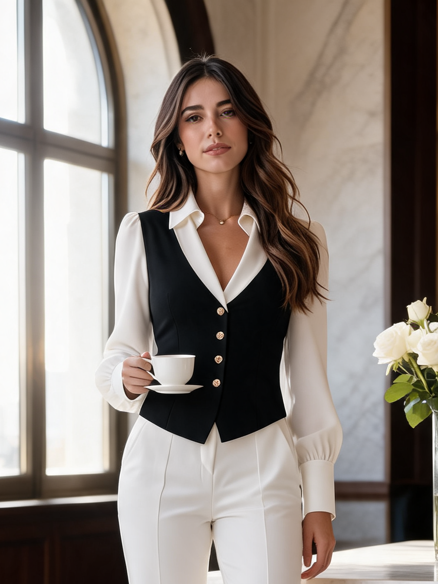 Contrast Faux Vest Overlay Two-Piece Puff-Sleeve Blouse