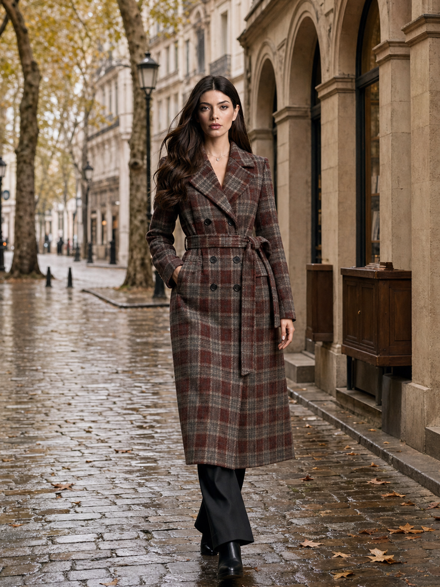 Plaid Double-Breasted Belted Long Wool Coat
