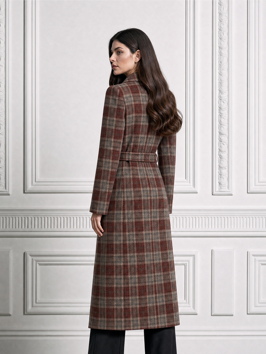 Plaid Double-Breasted Belted Long Wool Coat
