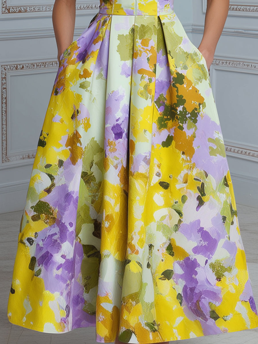 High Neck Structured Floral A-Line Midi Dress