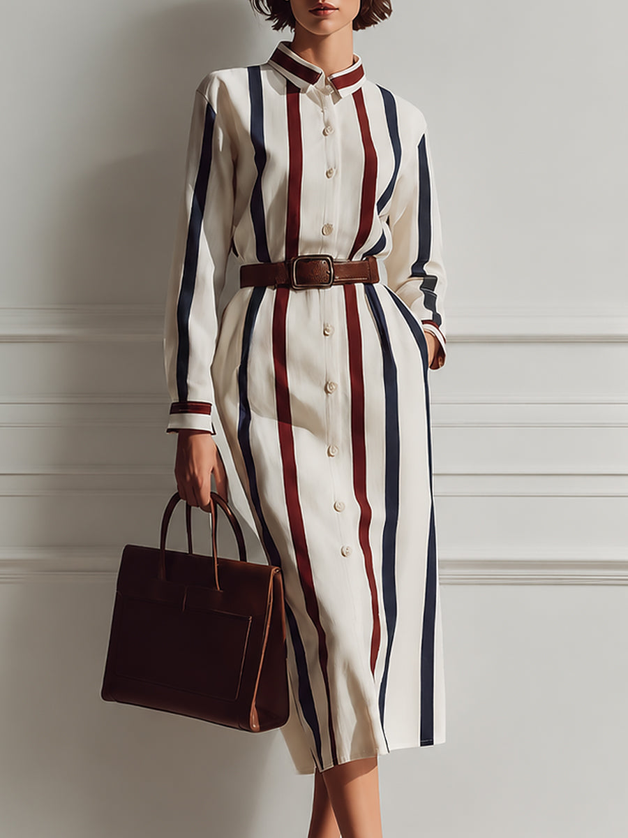 Commuter-style Single-breasted Cotton-linen Midi Dress With Color-block Stripes