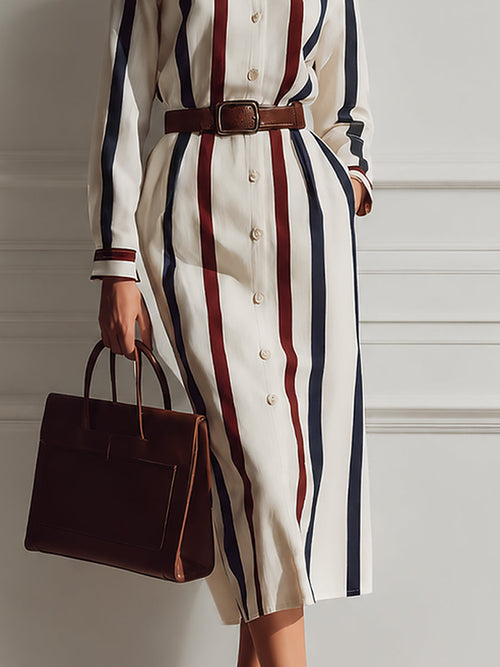 Commuter-style Single-breasted Cotton-linen Midi Dress With Color-block Stripes
