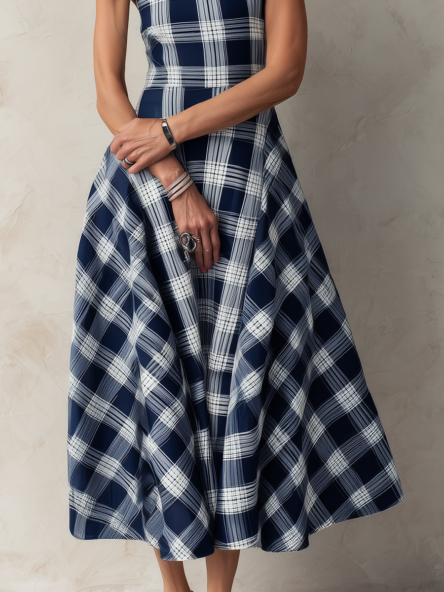 Elegant Plaid Sleeveless A-line Midi Dress
