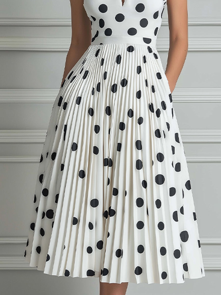 Vintage-Inspired Polka Dot Halter Pleated Midi Dress