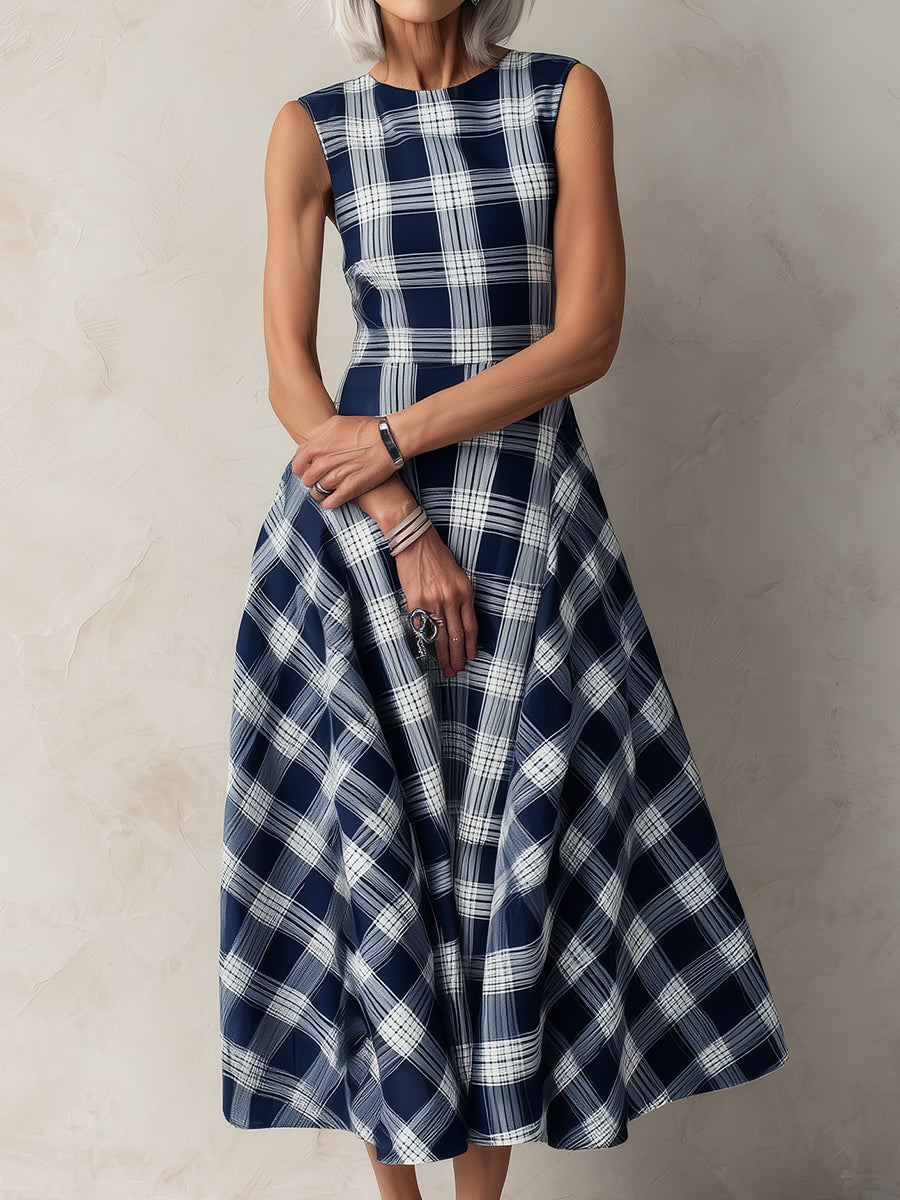 Elegant Plaid Sleeveless A-line Midi Dress