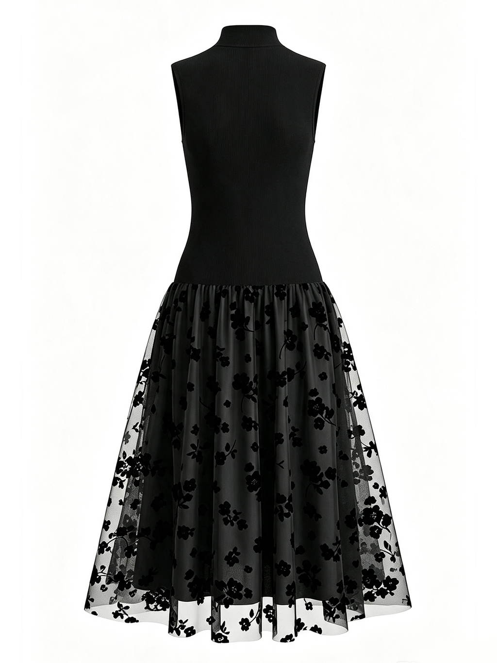 Mock Neck Floral Flocked Mesh Midi Dress