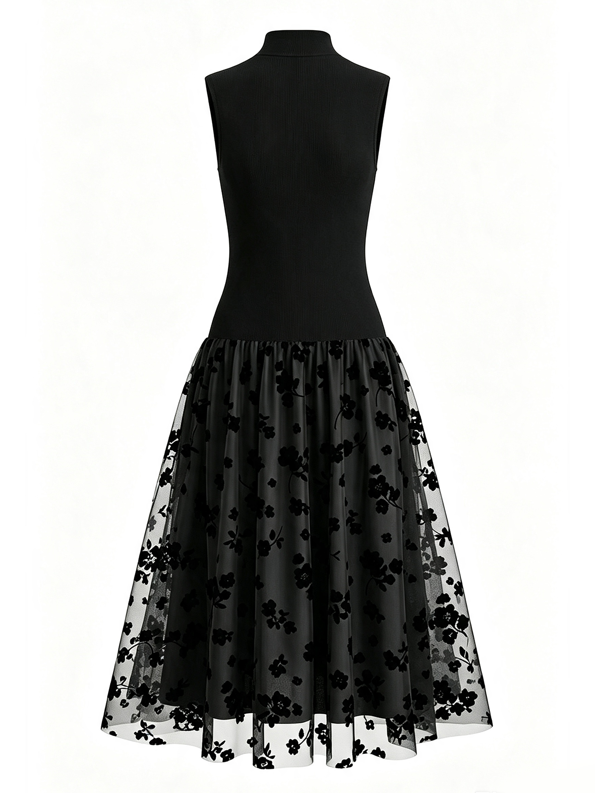 Mock Neck Floral Flocked Mesh Midi Dress