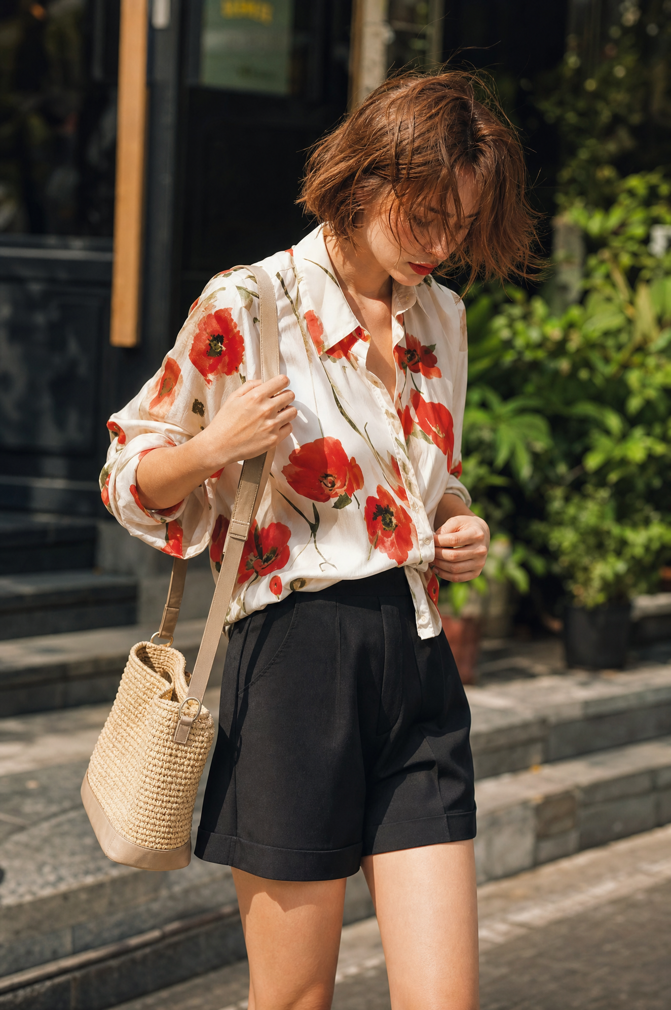 Women's Poppy Floral Print Long Sleeve Button-Up Blouse