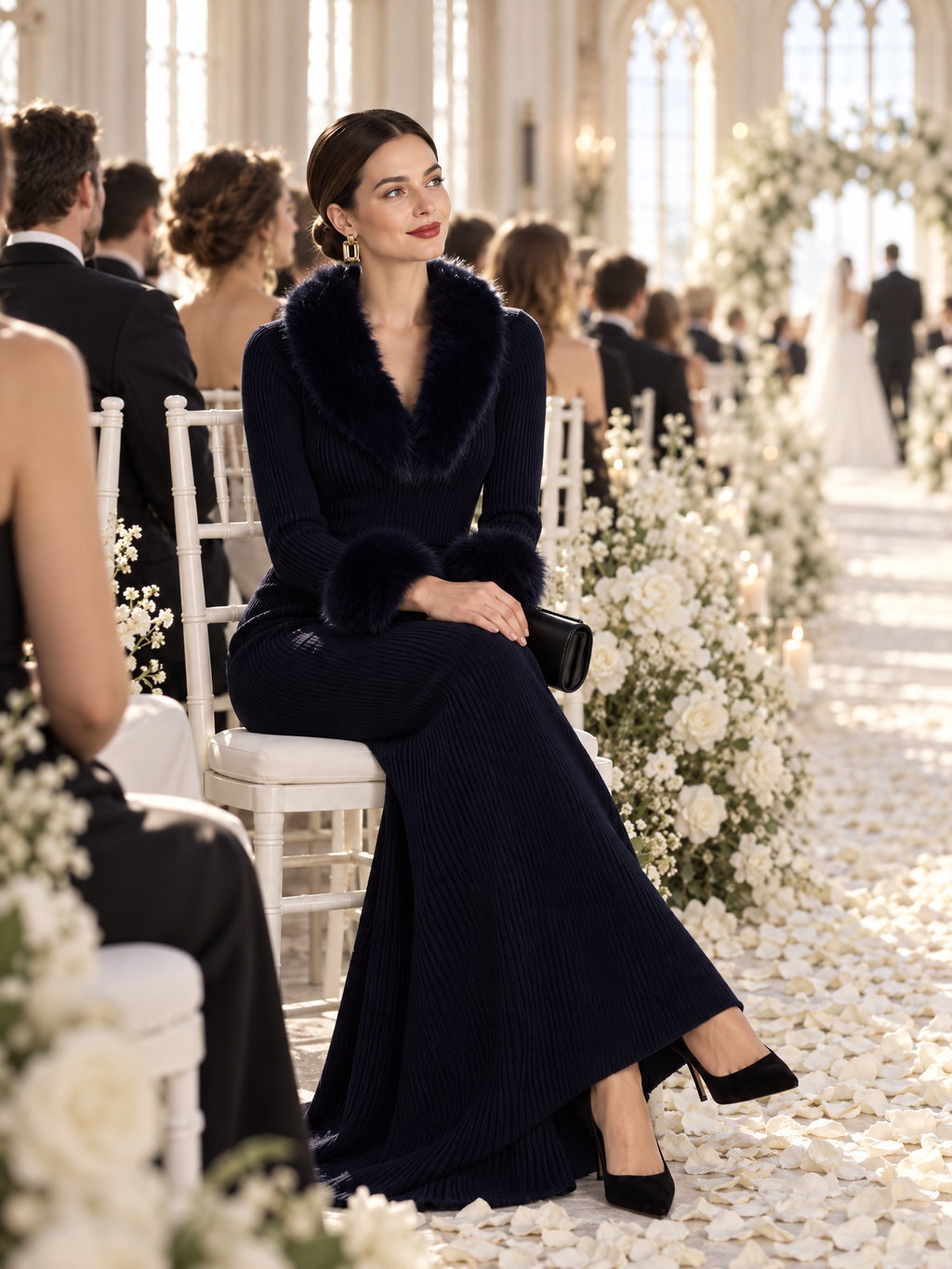 Fur-Trimmed Shawl Collar V-Neck Ribbed Knit Mermaid Maxi Dress