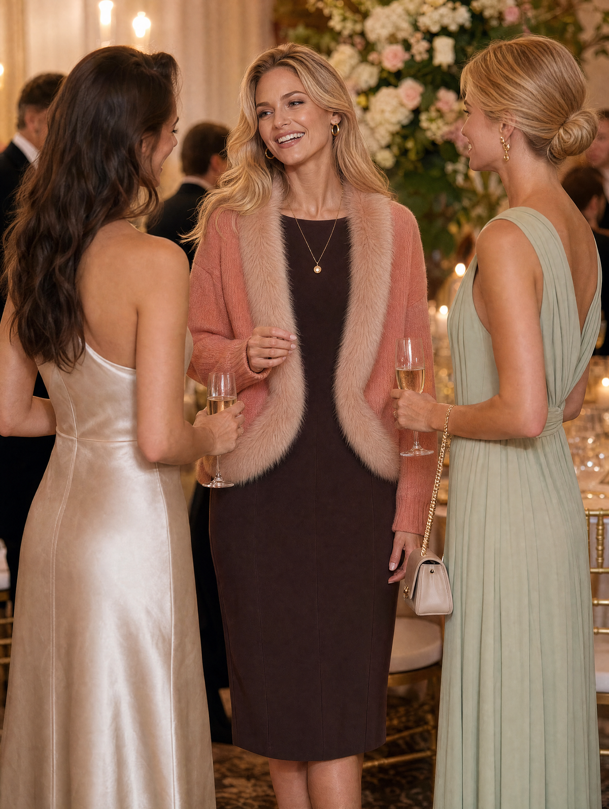 Peach Stockholm Style Faux Fur Trim Cardigan & Chocolate Pencil Midi Dress Set