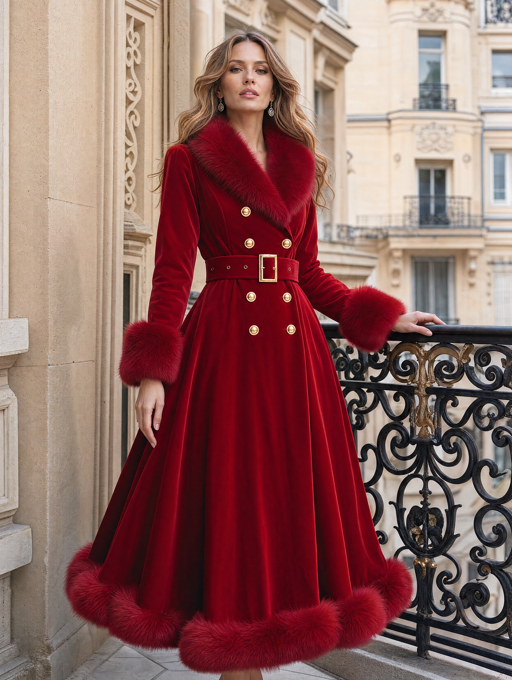 Red Velvet Faux Fur Trim Double Breasted Belted A-Line Maxi Coat