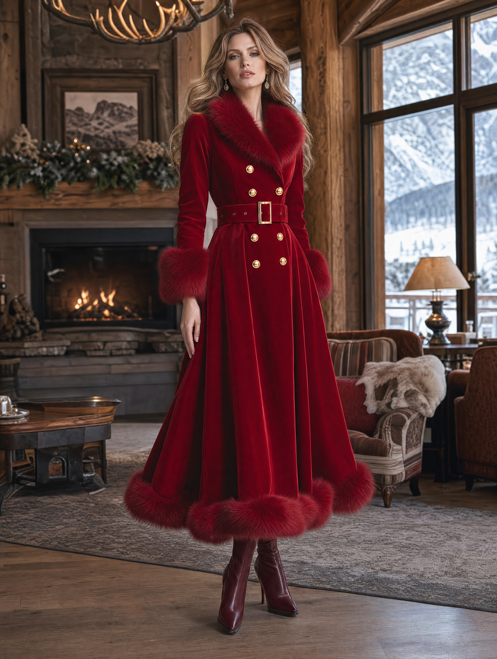 Red Velvet Faux Fur Trim Double Breasted Belted A-Line Maxi Coat