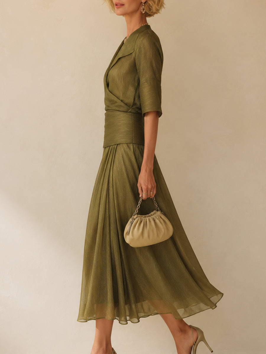 Elegant Tencel Lapel Blouse & Pleated Skirt Set