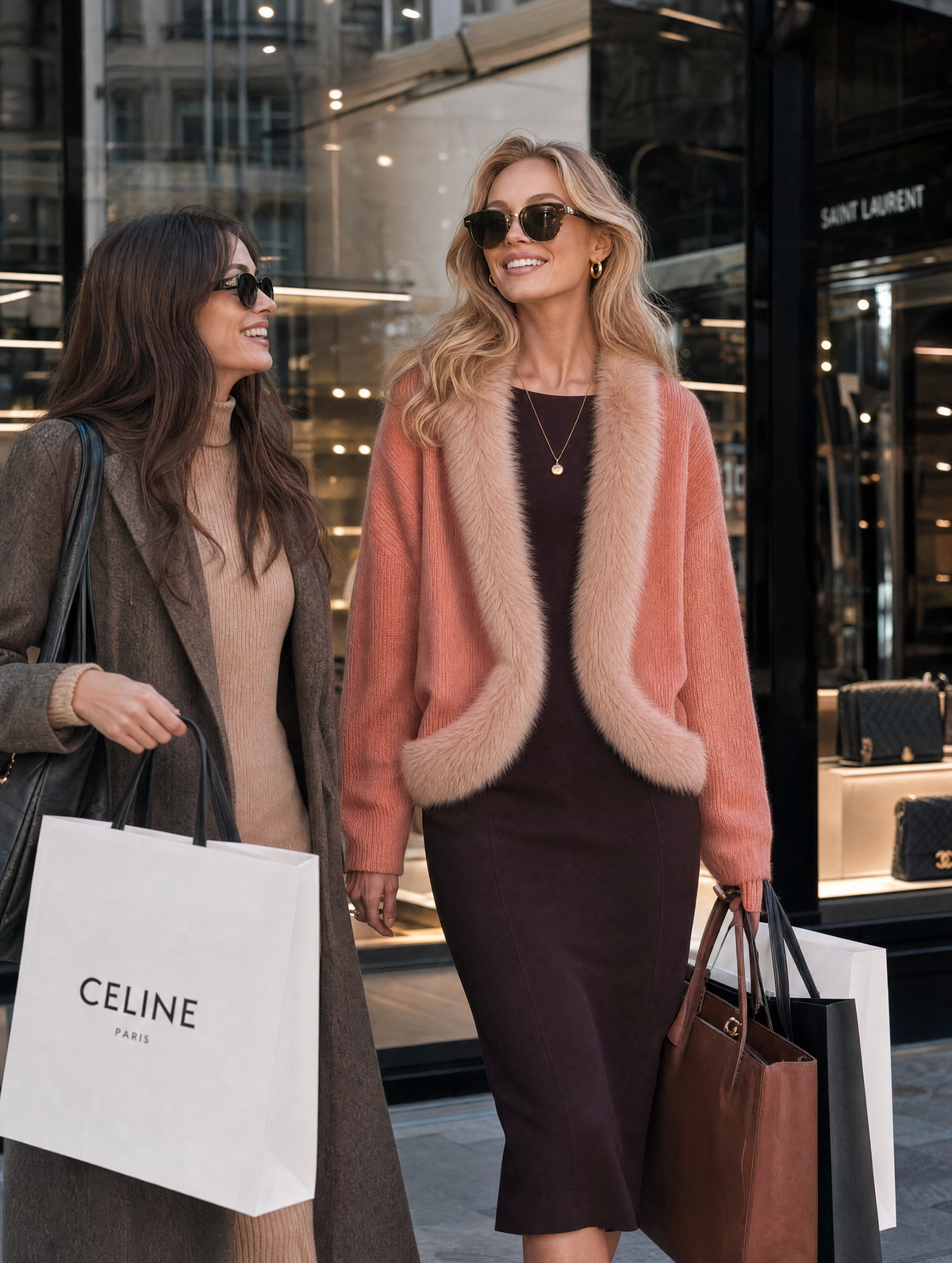 Peach Stockholm Style Faux Fur Trim Cardigan & Chocolate Pencil Midi Dress Set