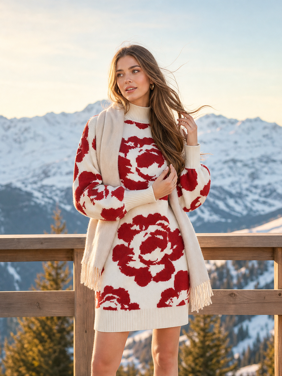 Red Rose Turtleneck Balloon Sleeves Knit Sweater Dress