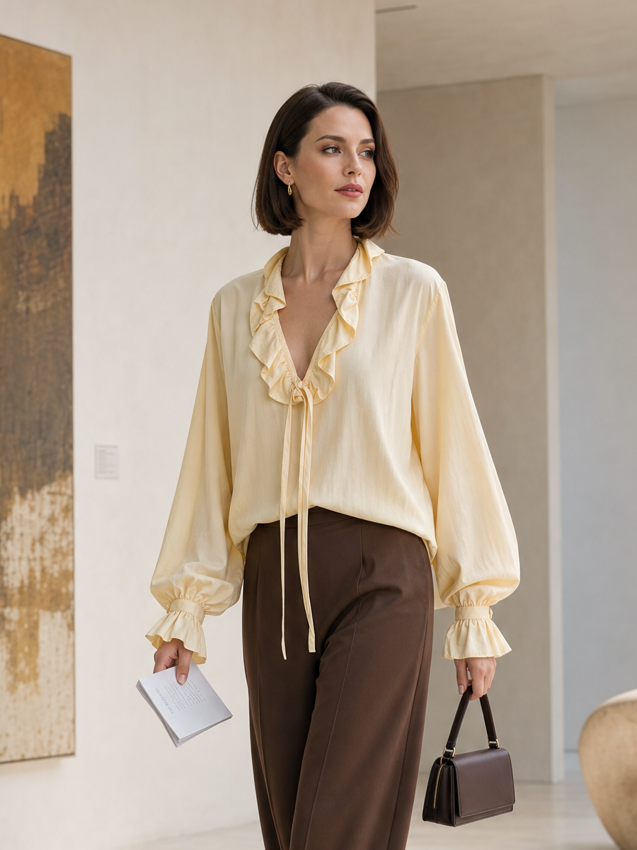 Ruffle Tie-Neck Flared Cuffs Blouse