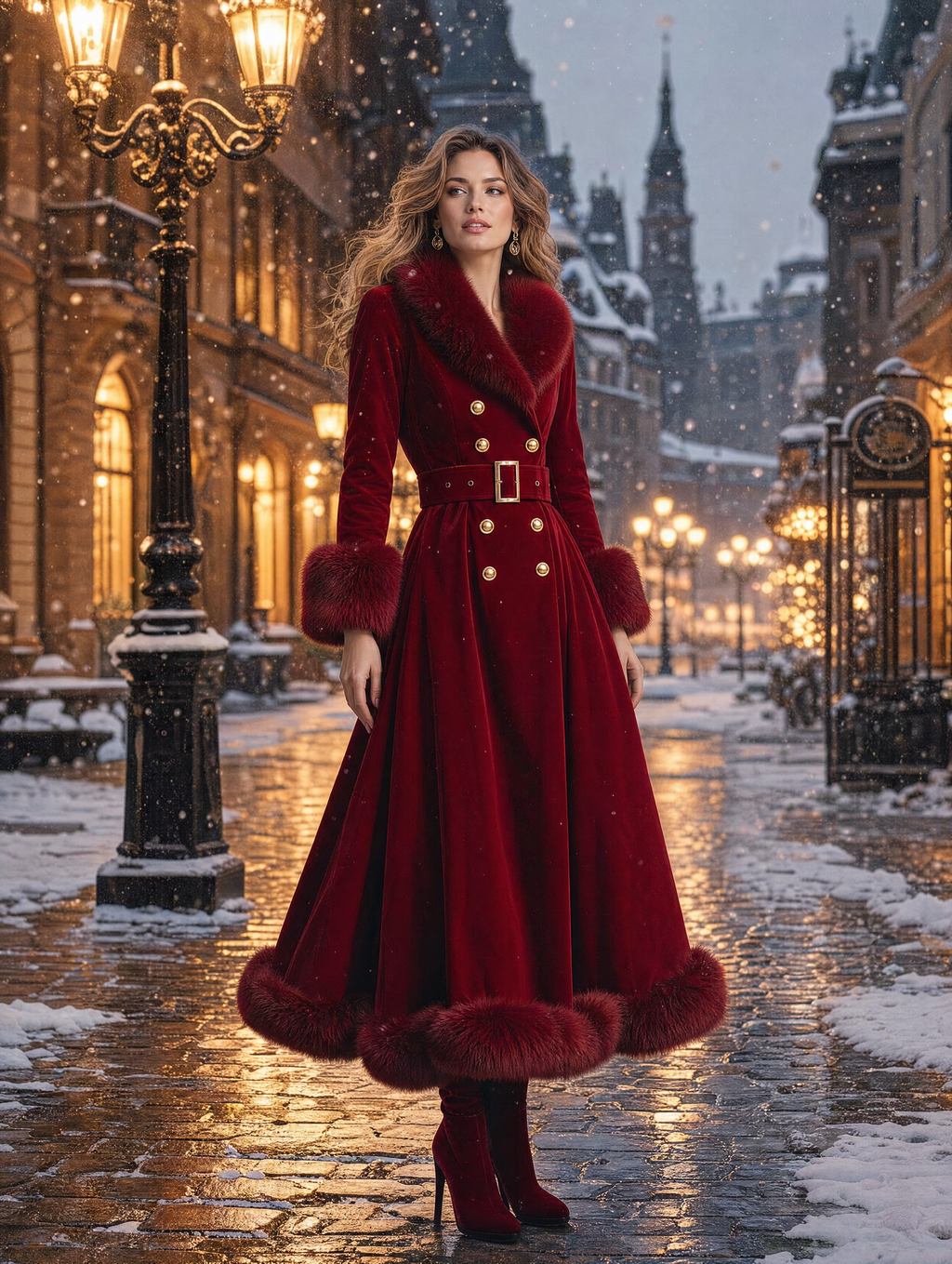 Red Velvet Faux Fur Trim Double Breasted Belted A-Line Maxi Coat
